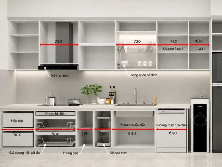 Kích Thước Tiêu Chuẩn Tủ Bếp Nhôm Kính