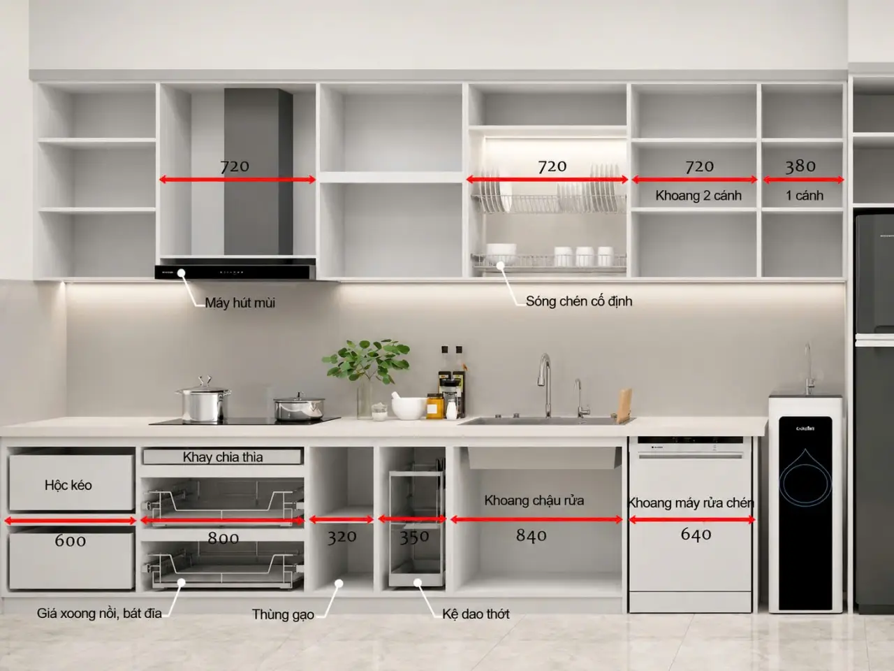 Kích Thước Tiêu Chuẩn Tủ Bếp Nhôm Kính