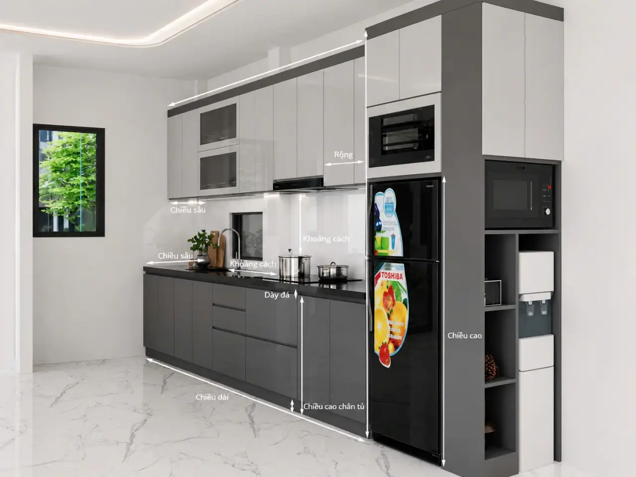 Kích Thước Tiêu Chuẩn Tủ Bếp Nhôm Kính
