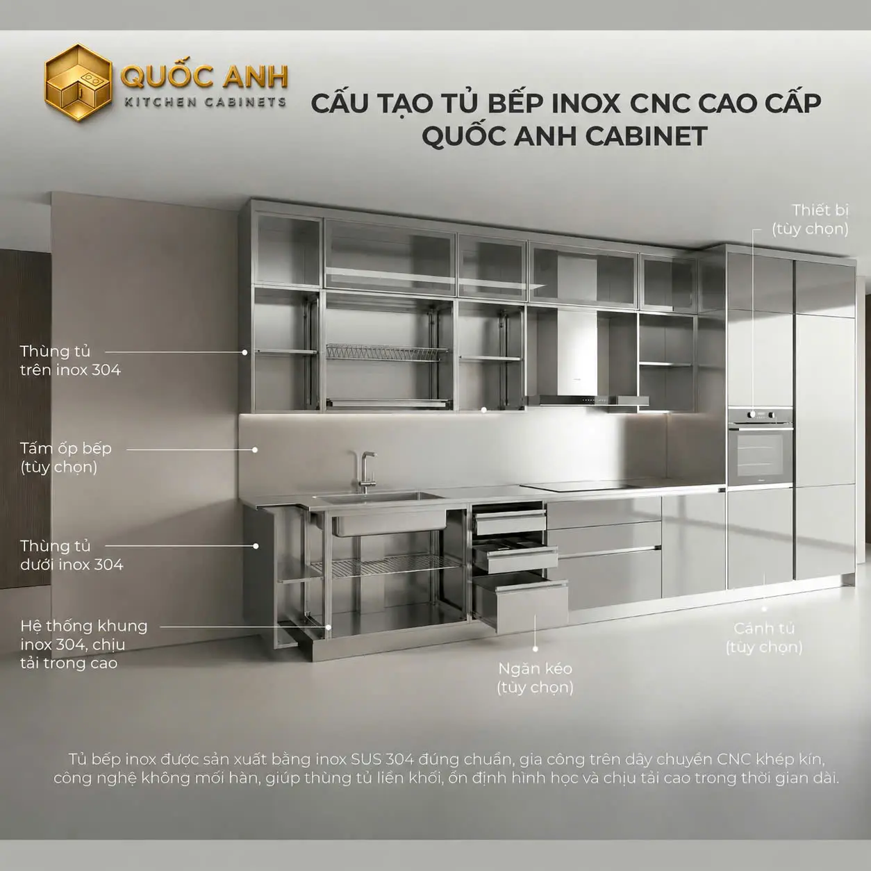 Tủ Bếp Inox Cánh Kính